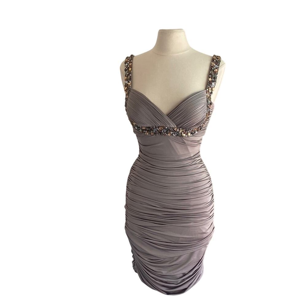 JS BOUTIQUE Ruched Bodycon Dress Womens Sz 8 Grey Beaded Sleeveless